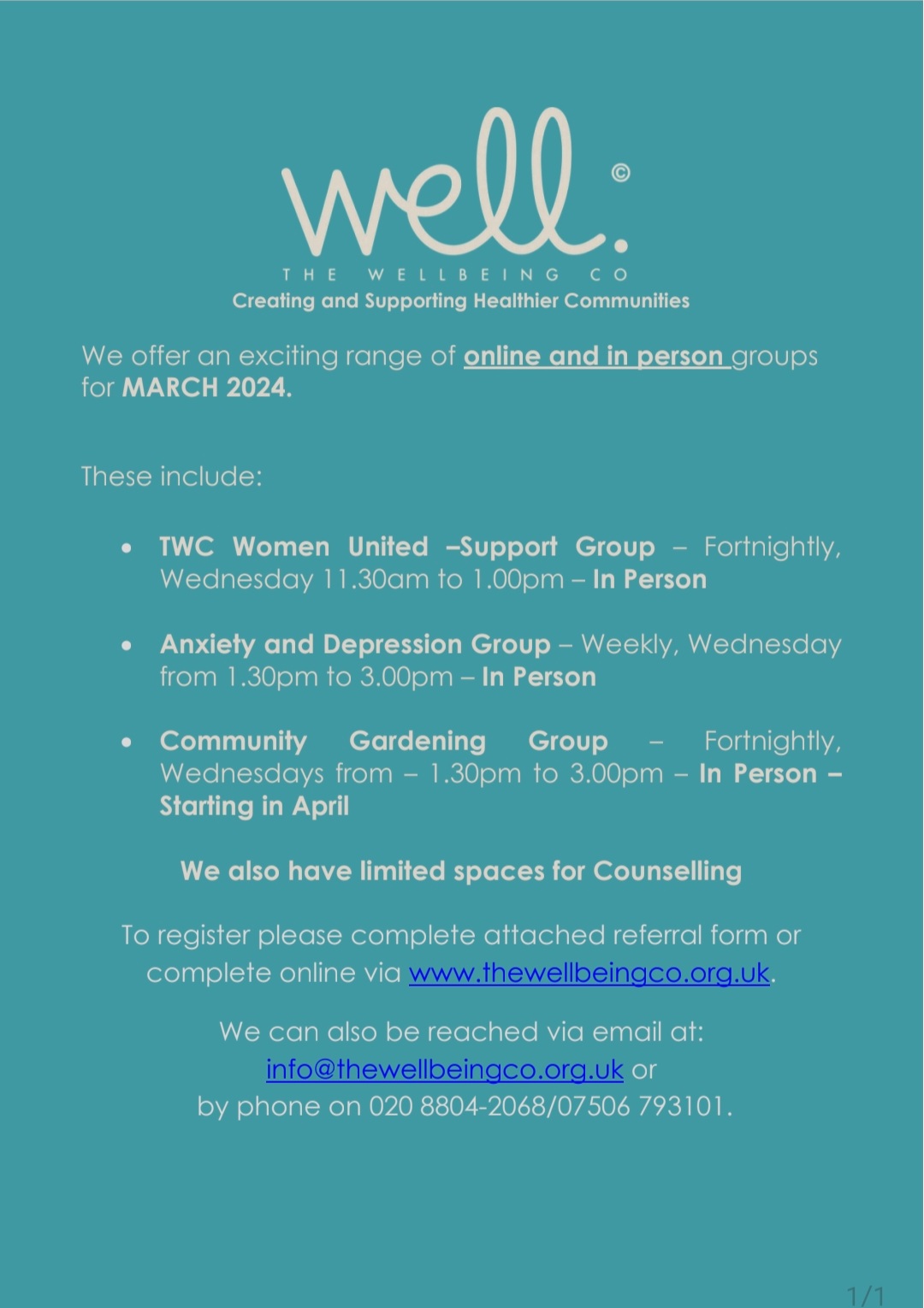 Timetable Of Activities March 2024 The Wellbeing Co